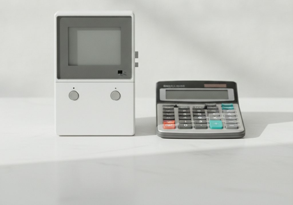A modern electricity meter and a calculator on a clean light surface